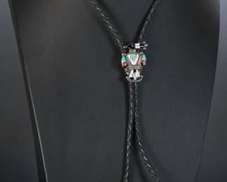 Zuni Multistone Inlay Magpie Thunderbird Bolo Tie Native American Jewelry