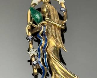 Celestial Water Bearer: Aquarius Zodiac Brooch Estate Jewelry Enameled and Jeweled