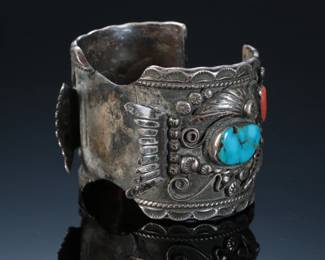 Vintage Navajo Silver Turquoise & Coral Watch Cuff Native American Jewelry