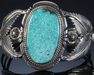 Navajo Jon Mccray Silver & Kingman Birdseye Turquoise Cuff Bracelet SZ: 6.75 Native American Jewelry