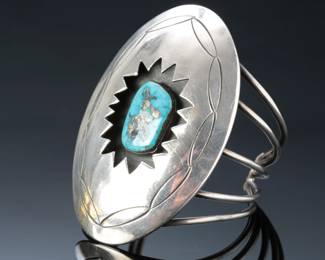 Vintage Navajo AAAA Morenci Turquoise & Silver 5 Shank Shadowbox Cuff Bracelet SZ: 6.5 Native American Jewelry