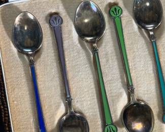David Andersen Guilloche Enameled Sterling Silver Set of 6 Demitasse Spoons in Case Norway