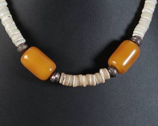 Santo Domingo Heishi & Butterscotch Amber Sterling Necklace Native American Jewelry