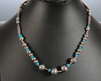 Navajo Silver Melon & Bench Bead Necklace Native American Jewelry