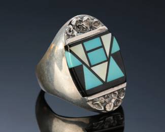 Zuni Multi Stone Inlay Ring SZ: 10.5 Turquoise MOP Onyx Native American Jewelry