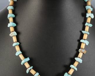 Vintage Santo Domingo Raw Sleeping Beauty Turquoise & Bone Sterling Necklace Native American Jewelry