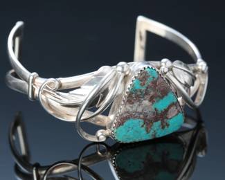 Navajo Sterling Silver & Smoky Bisbee Turquoise Cuff Bracelet SZ: 6.5 Native American Jewelry