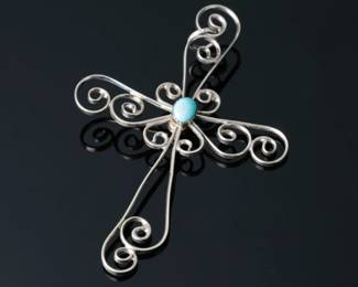 Silver Turquoise & Coral Scroll Work Cross Pendant Reversible