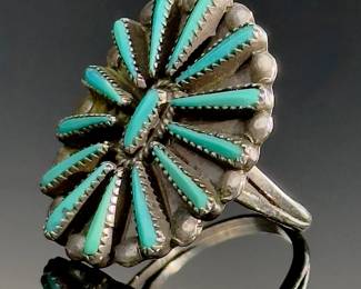 Vintage Vernon Wallace Zuni Silver & Turquoise Sunflower Needlepoint Ring Native American Jewelry