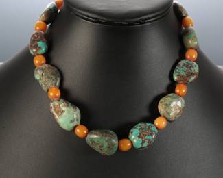 Authentic Hubei Nugget Turquoise & Amber Bead Silver Necklace