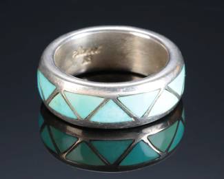 Navajo Betty Thomas Sanel Turquoise Inlay Ring SZ: 10 Native American Jewelry