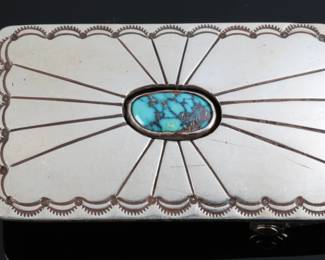 Navajo Jennifer Begay Sterling Silver & Turquoise Shadow Box Belt Buckle Native American