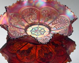 Vintage Fenton Carnival Glass Peacock & Grape Brick Red Bowl
