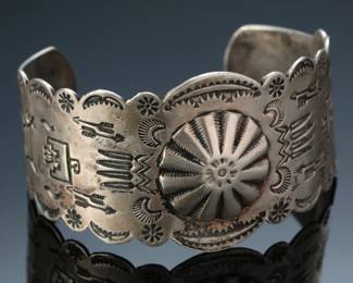 Harvey Era Silver Hand Stamped Cuff Bracelet SZ: 6.75 Native American Jewelry