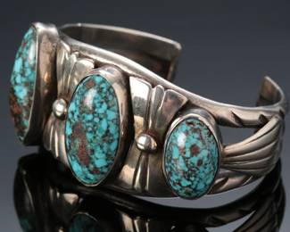 Vintage Navajo 3-Stone Bisbee Turquoise & Silver Cuff Bracelet SZ: 6 Native American Jewelry