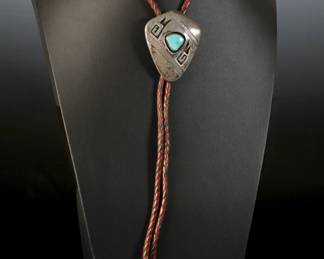Vintage Navajo Turquoise & Silver Shadowbox Bolo Tie Native American Jewelry