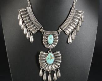 Geraldine James Navajo Carico Lake Turquoise Sterling Spoons Necklace & Earrings Set Native American Jewelry