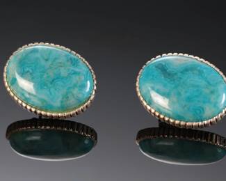 Native American Silver & Turquoise Cabochon Earrings Pair
