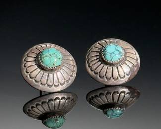 Navajo Round Concha Silver & Turquoise Earrings Native American Jewelry