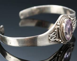 Sterling Silver & Purple Amethyst Cuff Bracelet SZ: 7.25 SOLEM