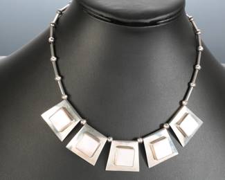 Navajo Frank Ramone Sterling Silver MOP Modernist Panel Necklace Native American Jewelry