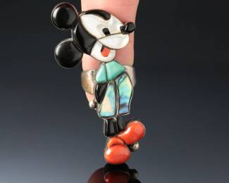 Vintage Zuni Mickey Mouse Multi Stone Sterling Silver Ring SZ: 7.5 Native American Jewelry