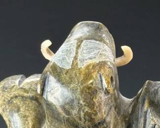 Pitseolak Qimirpik Inuit Carved Dancing Muskox Sculpture Serpentine Stone Figure Signed