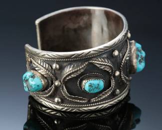 LARGE WIDE Navajo Grace Smith Sterling Silver & Sleeping Beauty Turquoise Nugget Cuff Bracelet SZ: 7.5 Native American Jewelry