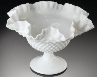 Fenton Milk Glass Compote Hobnail Pedestal and Ruffled Scallop Lip