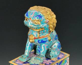 Vintage Chinese Enameled Brass Foo Dog Statue Sculpture