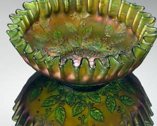 Antique Fenton Holly Berry Green Carnival Glass Bowl Crimped Edge
