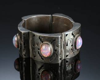 Vintage Mexican Sterling SIlver & Faux Opal Hinged Pannel Bracelet