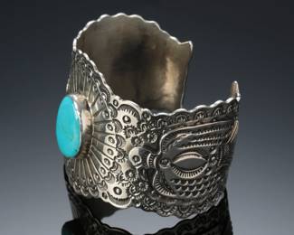 Hopi Chimney Butte Hand Stamped Sterling Silver & Turquoise Cuff Bracelet SZ: 7.5 Native American Jewelry