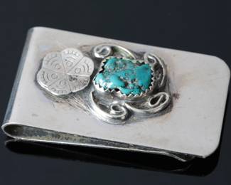 Native American Silver & Turquoise Money Clip
