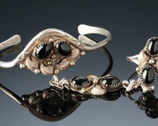 Navajo Richard Begay Sterling Silver & Onyx Cuff Bracelet & Slave Ring Native American Jewelry