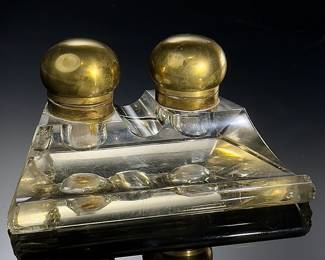 AS-IS Antique Brass & Glass Double Inkwell