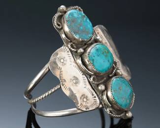 Fred Harvey Era Navajo Sterling Silver 3 Turquoise Cuff Bracelet SZ: 6.75 Native American Jewelry