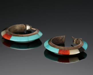 Zuni Inlay Multi-Stone Hoop Earrings Native American Jewelry