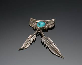 Navajo Sterling Silver & Turquoise Feather Pendant Native American Jewelry