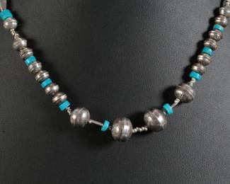 Navajo Silver Melon & Bench Bead Necklace Native American Jewelry