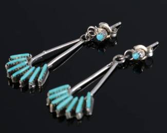 Zuni Needlepoint Turquoise & Silver Drop Earrings Native American Jewelry