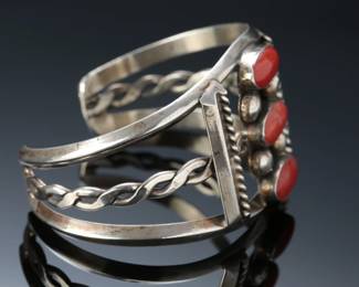 Vintage Navajo Silver & Coral Cuff Bracelet SZ: 6.25 Native American Jewelry