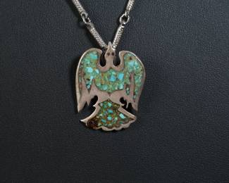 Vintage Navajo Turquoise Chip Inlay Peyote Bird Pendant & Necklace Native American Jewelry