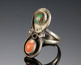 Vintage Navajo Coral & Turquoise Silver Ring Native American Jewelry