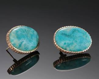 Native American Silver & Turquoise Cabochon Earrings Pair