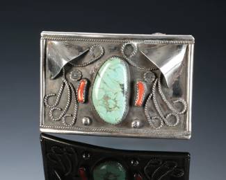 Vintage Navajo Silver Turquoise & Coral Belt Buckle Native American