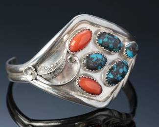 Navajo NETO Sterling Silver Turquoise & Coral Cuff Bracelet SZ: 6.25 Native American Jewelry