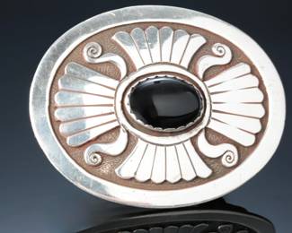 Navajo Bernice Bonney Sterling Silver Overlay & Onyx Belt Buckle Native American