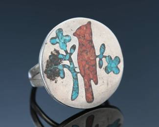 Native American Chip Turquoise & Coral Cardinal Bird Ring SZ: 7
