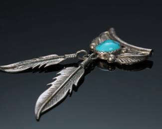 Navajo Sterling Silver & Turquoise Feather Pendant Native American Jewelry